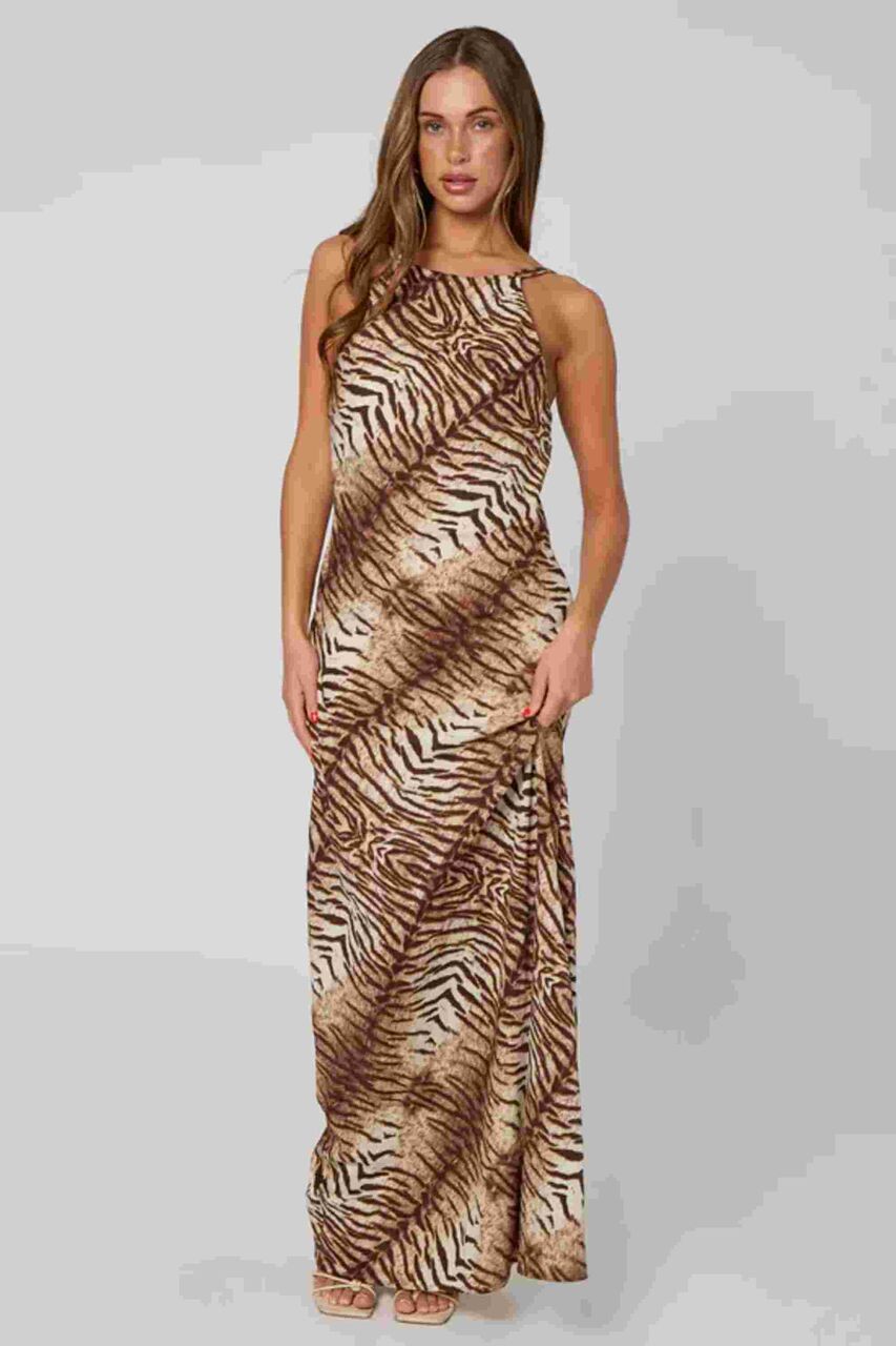 USD 53,  Brown Zebra Print Maxi Dress For Women | Animal Print Dress photo 1