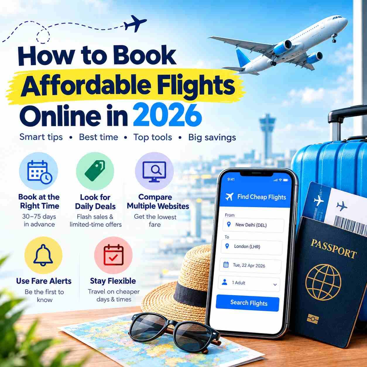 How To Book Affordable Flights Online In 2026 – Smart Travel Tips Banner