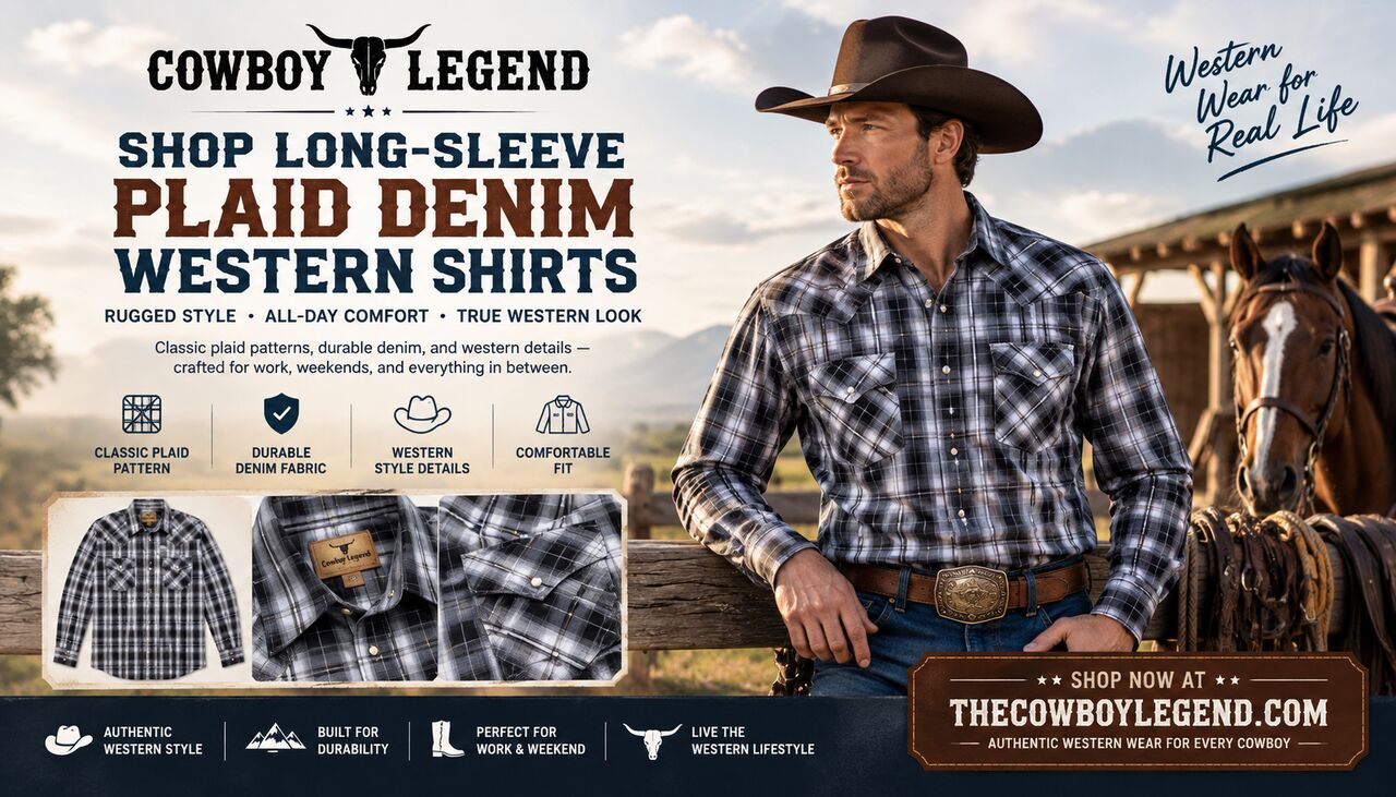 USD 33,  Shop Long-Sleeve Plaid Denim Western Shirts | The Cowboy Legend